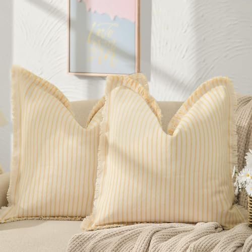 ZWJD Throw Pillow Covers 22x22 Set of 2 Striped Pillow Covers with Fringe Chic Cotton Decorative Pillows Square Cushion Covers for Sofa Couch Bed Living Room Farmhouse Decor, (Yellow) by ZWJD
