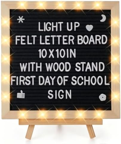 10"×10" Felt Letter Board with LED Lights & Stand, First Day of School Sign by ANPHSIN