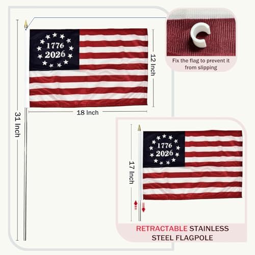 JRED 250 Anniversary USA Flags on Stick 6 Pack, 12x18 Inch 1776-2026 Betsy Ross 13 Stars Handheld US Flags, with Retractable Stainless Steel Pole Safety Spear Top for 4th of July - Image 4