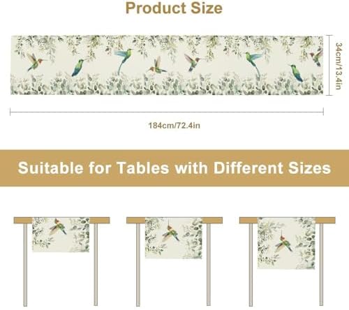 Birds Table Runner, Watercolor Hummingbird Green Sage Eucalyptus Floral Leaves Table Runner for Kitchen Dinning Table Decor Home Wedding Party Holiday, 13x120 Inch - Image 2