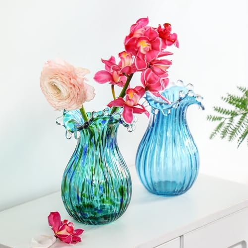 Green Glass Bubble Vase for Flowers, 8.5" Blown Glass Vase for Home Decor - Image 4