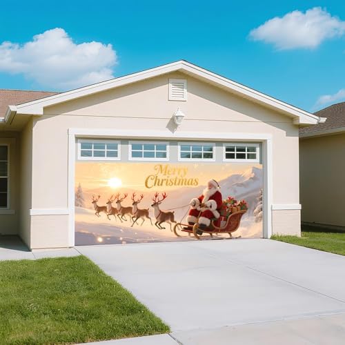 Christmas Garage Door Banner Cover – Santa Claus Sleigh & Reindeer Outdoor Holiday Mural, Large Waterproof Reusable Xmas Garage Decoration Backdrop for Party Décor,16 x 7ft/4.8 x 2.1m - Image 4