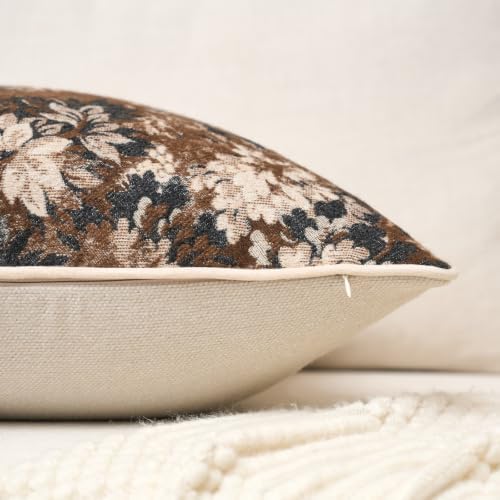 FANAMI Vintage Floral Throw Pillow Covers 18x18 Set of 2 Boho Farmhouse Accent Pillowcase Neutral Modern Chenille Square Decorative Cushion Covers for Couch Sofa Bed Living Room Home Decor, Brown - Image 3