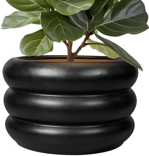 SQOWL Ceramic Flower Pot 13.5 Inch - Large Planter for Indoor Plants Outdoor Plant Pot with Drainage Hole Round Planter Mid-Century Flower Pot for Porch Living Room Decor Black by SQOWL