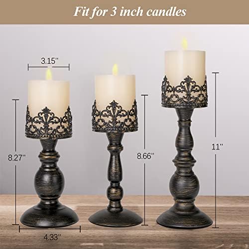 BANOMII Distressed Black Candle Holders for Pillar Candles Set of 3, Vintage Crown Candle Stands for Table Centerpiece Decor, Tall Antique Metal Candle Holder Set for Fireplace Decoration, Ideal Gift - Image 4