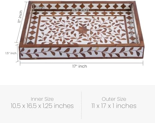 Handicrafts Home Wood Alhambra White Decorative Ottoman Serving Tray, 17x11 - Image 3