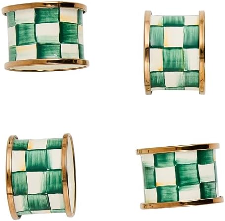 MACKENZIE-CHILDS Set of 4 Enamel Napkin Rings, Napkin-Holder Ring Set for Cloth Napkins, Green-and-White Emerald Check by Unknown