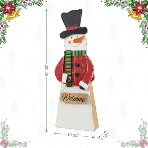 Glitzhome 30"H Christmas Chunky Wood Snowman Porch Sign, Standing Snowman Porch Decor with Black Top Hat and Red Coat,Merry Christmas Welcome Sign for Holiday Front Porch Outdoor Decorations - Image 2