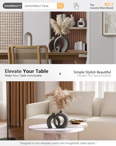 Set of 2 Gray Ceramic Vases for Home Decor Accents - Unique Hollow Donut Artistic Design Minimalism Industrial Scandinavian Style Decorative Vases for Shelf, Mantel, Entryway Table Decor (Matte Gray) - Image 7