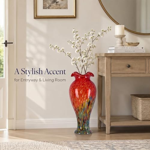 20in Tall Hand Blown Glass Vase Unique Ruffle Wide Mouth Vases, Elegant Modern Glass Flower Decorations Vase, Beautiful Colorful Vases for Home Living Room Bookshelves Wedding High End Centerpieces - Image 3