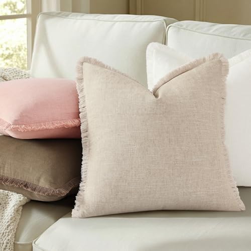 decorUhome Linen Fringe Pink Throw Pillow Covers 22x22 Set of 2 - Image 4