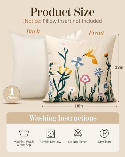 Embroidered Throw Pillow Cover 18x18 Inch - Spring Summer Boho Decorative Pillow Cover with Zipper for Living Room Couch Sofa Bed Aesthetic Design Flower Bird Cushion Pillowcase (Pack of 2) - Image 4
