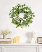 Summer Wreath for Front Door, 24 in Eucalyptus White Cherry Blossom - Image 3