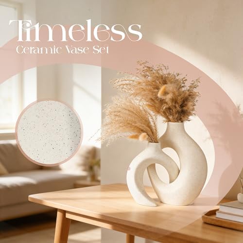 Donut Vase Set of 2, Beige Ceramic Boho Pampas Grass Entryway Decor - Image 2