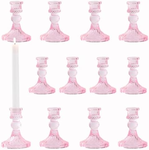 Glass Candle Holders Set, Vintage Decorative Design,Elegant Table Candlesticks Set for Dining Room,Wedding, Spring Party, Romantic Dinner, Festival & Windowsill Decor (12, Light Pink, XZS) by Unknown