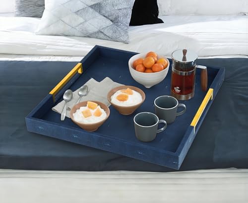 HofferRuffer Faux Leather Serving Tray with Gold Metal Handles, Stylish Decorative Tray Organizer for Coffee Table, Ottoman, Home Decor and Serving (Blue Shagreen, 18.9" x 18.9" x 2") - Image 5