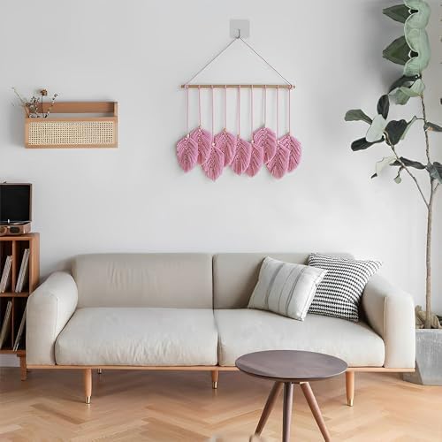 VEKALON Macrame Art Tapestry - Boho Chic Woven Wall Hanging Decor for Living Room, Modern Bohemian Feather-Shaped Decorations for Apartment, Home, and Bedroom(Pink) - Image 4