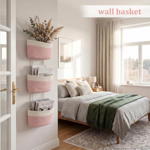 TeoKJ Over the Door Hanging Basket, 3-Tier Woven Cotton Wall-Mounted Storage Organizer Bag Decorative Hanging Nursery Baskets, Pink & White - Image 3