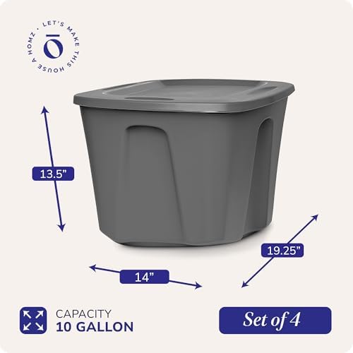 HOMZ 4-Pack Durable Molded Bin, Plastic Storage Containers w/Lids, 10 Gallon, Silver - Stackable Organizer Totes and Boxes for Bedroom, Kitchen, and Garage Organization - Image 4
