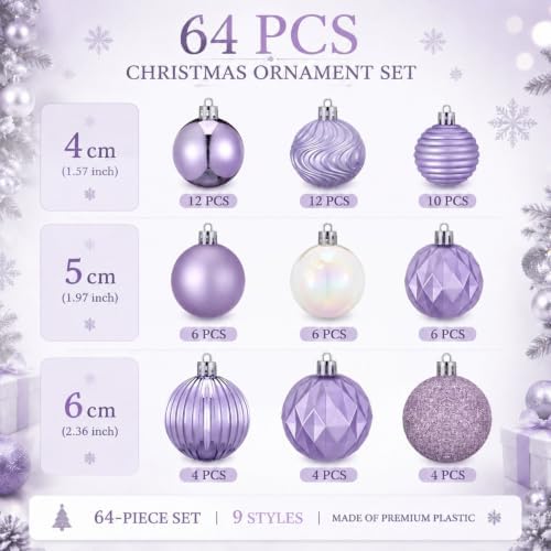 Lunmon 64 Pcs Lilac Purple Christmas Ball Ornaments Lavender Xmas Bulbs - Image 3