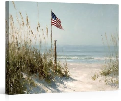 Ship Next Day – Patriotic Canvas Wall Art, American Flag Pictures, Framed Canvas Prints, Americana Wall Decor, Coastal Beach Canvas Prints, Living Room Artwork, Rustic Farmhouse Decor by ZERILYN