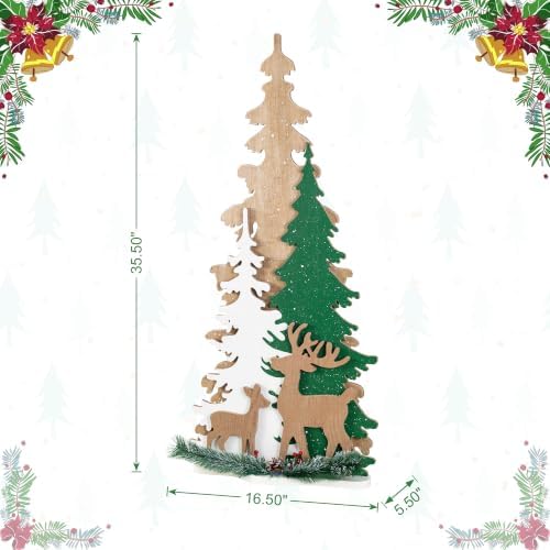 Glitzhome 35.5"H Wooden Christmas Tree Porch Sign,Standing Porch Decor with Reindeer and Pinecone,Merry Christmas Welcome Sign for Holiday Front Porch Outdoor Decorations - Image 2