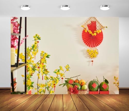 BELECO 12x10ft Fabric Vietnamese New Year Backdrop TET Decorations Fresh Fruits Yellow Blooming Flowers Red Paper Fan Background Asian Lunar New Year Party Decorations Photoshoot Props by BELECO