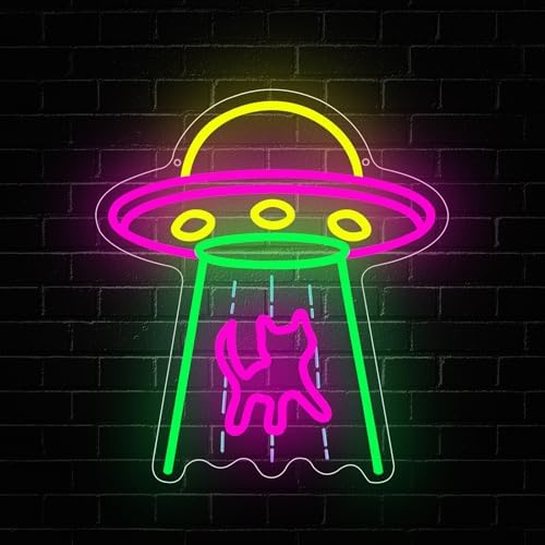 Cat Neon Sign, UFO Cat Spaceship Space Travel Led Neon Light Signs Cat Night Lamp for Astronomy Game Room Man Cave Party Decorations Bedroom Birthday Gift USB Powered(14.4” x 12.6") by Unknown