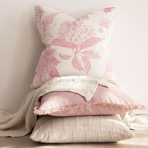 Foindtower Set of 2 Linen Floral Throw Pillow Covers Neutral Vintage Print Decorative Cozy Cushion Covers Farmhouse Boho Home Decor for Sofa Chair Couch Bedroom Living Room,22×22 Inch,Light Pink - Image 5