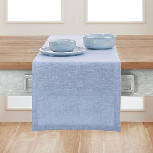 Solino Home 100% Pure Linen Table Runner Chambray Blue, Athena 14 x 108 in - Image 2