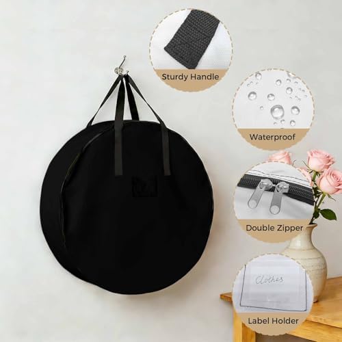 24 Inch Round Storage Bag 2 Pack,Solid Art Minimalist Pure Black Waterproof Wreath Storage Container with Handles&Zipper Plain Single Dark Color Closet Organizer Bags Garland Box - Image 5