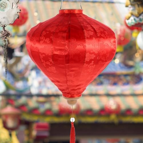 Uonlytech Japanese Silk Lanterns Traditional Oriental with Tassel Vietnamese Oval Lunar New Year Decorations Red - Image 3