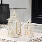 Lanterns Decorative Outdoor&Indoor, Set of 2 (14"&10") Beige Metal Lantern Decor with Glass, Candle Holder for Porch, Patio, Garden, Balcony, Wedding, Table Centerpiece - Image 3
