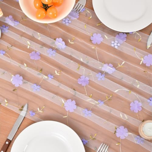 Lilac Wildflowers Table Runner Gauze Floral Birthday Party Home Table Decor - Image 4
