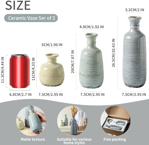 Ceramic Vase Set of 3, Rustic Neutral Vases Home Decor Farmhouse Decorative Flower Vase Modern Boho Pampass Vases for Table Mantel Entryway Shelf Living Room Kitchen Bathroom - Multicolor - Image 2