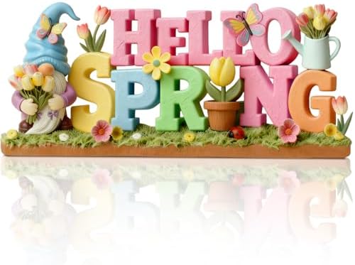 Simgoing 1 Pack Hello Spring Table Decoration Resin Spring Gnome Decorations for Home Pastel Flower Table Sign Festive Floral Statue Tabletop Centerpiece for House Tabletop Tiered Tray Fireplace Decor by Simgoing