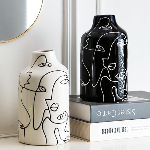Kimdio Ceramic Vase Set, 2pcs Black and White Abstract Irregular Design Flower Vases, Modern Home Decor Living Room Decor Minimalist Decorative Vase for Pampas Grass - Image 2