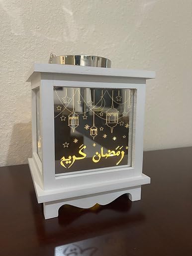 Ramadan Kareem Wooden Mirrored Lantern - Unique Eid Festive Decoration for Home Warm, Inviting Ambiance Muslim Allah New Year (9x7 Inches, Battery Operated), Large - Image 3