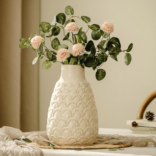 Ceramic Flower Vase, 9.06” Rustic Farmhouse Decorative Vase for Home Decor, Beige Textured Pottery Vase for Pampas Grass, Living Room, Entryway, Mantel, Kitchen Table, Centerpiece by SUREYUESI