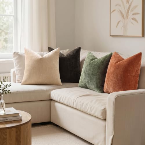 decorUhome Fall Chenille Pebble Beige Throw Pillow Covers 26x26 Inch Set of 2, Decorative Soft Couch Pillow Covers Solid Dyed Accent Euro Sham Farmhouse Neutral Square Pillow Cases for Sofa - Image 2