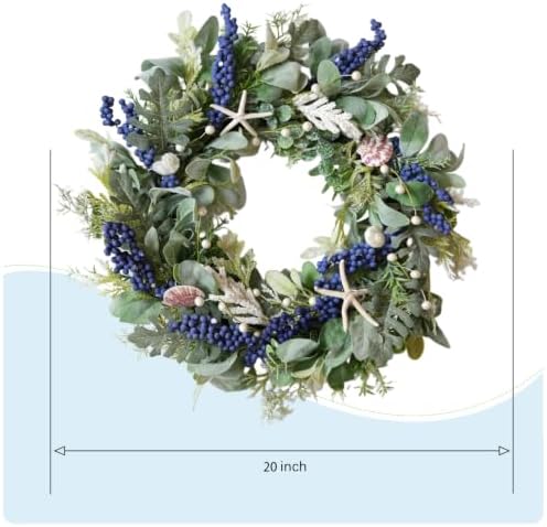 20 Inch Nautical Artificial Wreath with Starfish & Seashells Blue Berry Eucalyptus Wreath for Front Door Coastal Summer Home Decor for Wall/Fireplace - Image 3