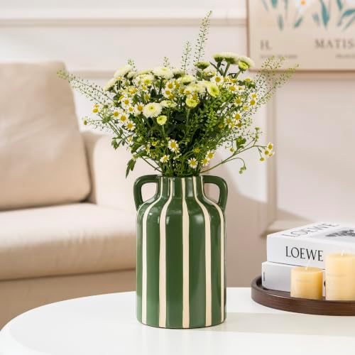 Ceramic Vase with Handles, Modern Farmhouse Striped Decorative Vase, 9.1" Art Deco Tall Flower Vases for Pampas Grass, Shelf Decor, Dining Table Centerpiece, Living Room Home Decor (Sage Green) - Image 5