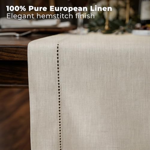 Signature Linen™ by D'Moksha, Light Natural Table Runner 90 Inches Long, 100% Pure Linen, Hemstitch, 14 x 90 Inch Table Runner for Dresser, Dining- Fall, Weddings, Outdoor Hosting - Image 2