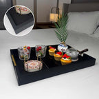 14x20 Inches Black Faux Leather Wrappen Wood Serving Tray with Metal Handles for Various Occasions, Ottoman, Home Decor Decorative, Living Room, Coffee Table Organizer, Serving Breakfast On Bed - Image 4