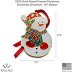Wallace Wonders of Christmas Gold-Plated Enamel Ornament 2025-16th Edition Annual Collectible Series - Snowman Holiday Motif with Gift Box and Velvet Pouch - Image 2