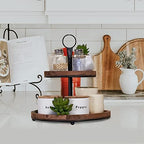 GENMOUS & CO. Farmhouse Tiered Tray Decor with Distressed Wood Bead Garland, Decorative 2 Tiered Serving Tray with Metal Handle for Rustic Home Décor - Image 5