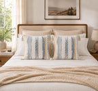 decorUhome Boho Decorative Throw Pillow Covers 18x18 Set of 2, Striped Chenille Tufted Pillow Covers with Tassels for Couch Bed Sofa, Cream White and Light Grey - Image 3
