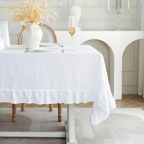 Linen World Ruffle Linen Tablecloth,100% French Linen White Tablecloth 90" x 60" Inch,Washable Rectangular Tablecloth for Dining,Outdoor,Weddings and Restaurants,Decorative Thanksgiving Christmas by LLinenWorld