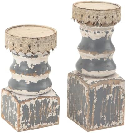 NIKKY HOME Rustic Wooden Pillar Candle Holders Set of 2, Shabby Chic Decor by NIKKYHOME