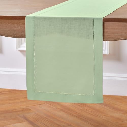 Solino Home 100% Pure Linen Table Runner Light Green Hemstitch, 14 x 48 in - Image 2
